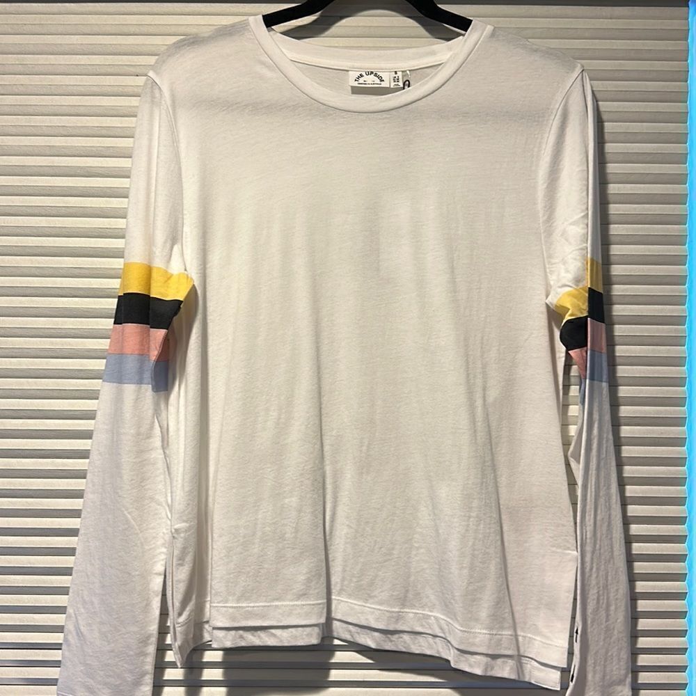 The Upside Women’s Long Sleeve White Top with Multi Color Arm Stripes